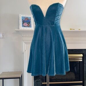 Marine blue velvet deep V skater dress